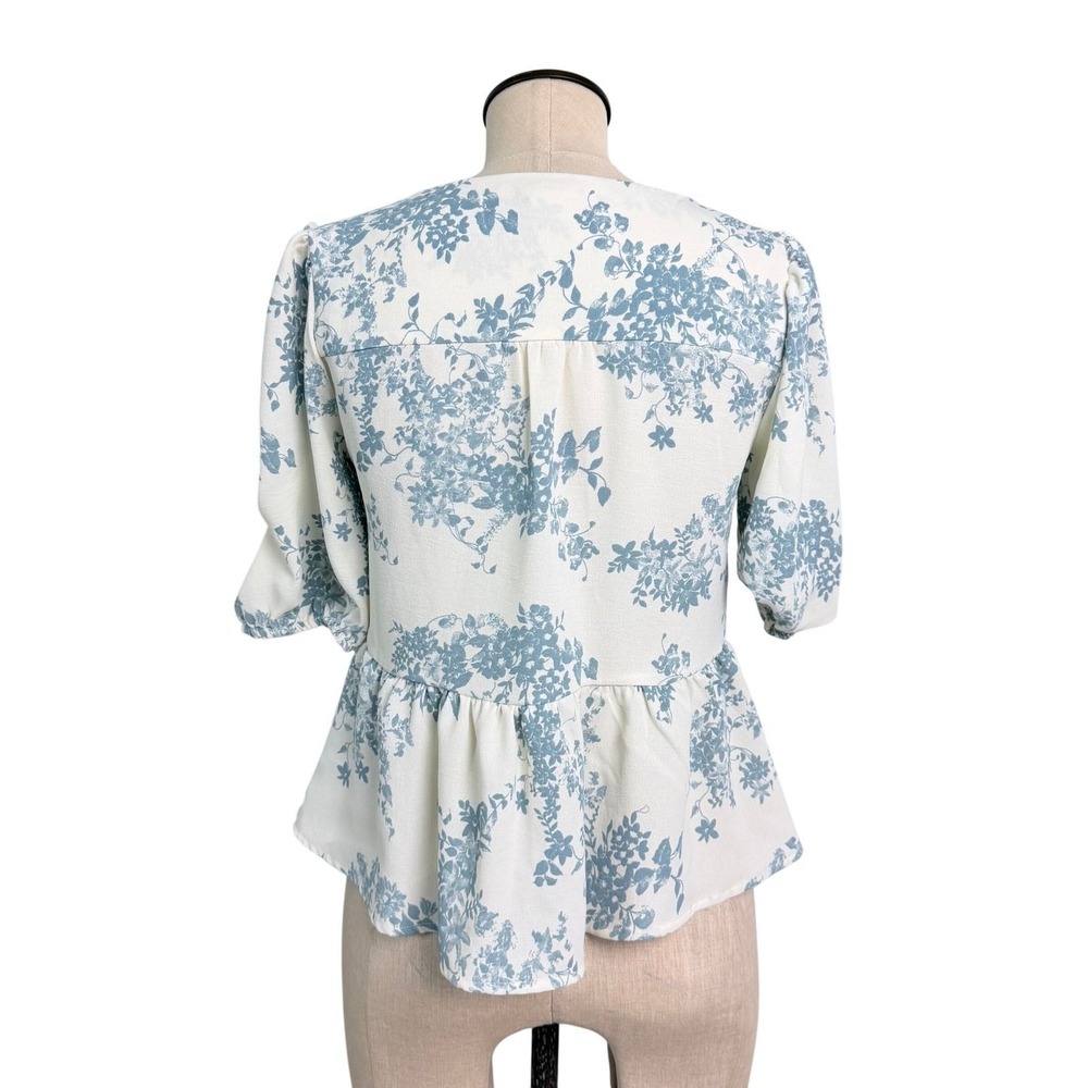 Monteau Los Angeles Floral Tie Front Peplum Blouse Blue Cream Small - Picture 3 of 9